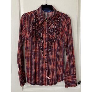 Georg Roth Los Angeles Button Down M Plaid Ruffle Front Shirt Pink Yellow Orange
